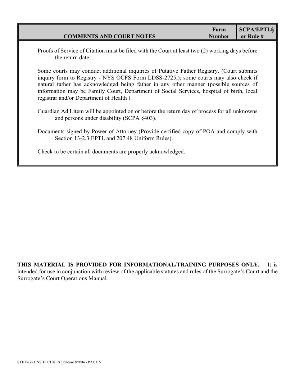 Standby Guardianship Proceeding Checklist Person and / or Property - New York, Page 5
