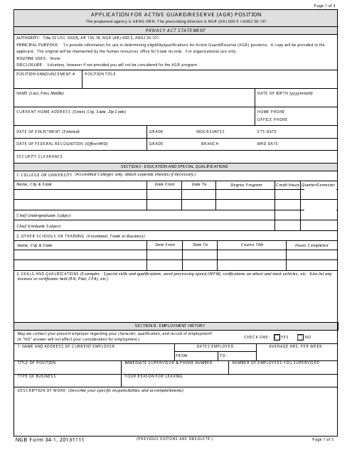 NGB Form 34-1 Application for Active Guard/Reserve (Agr) Position