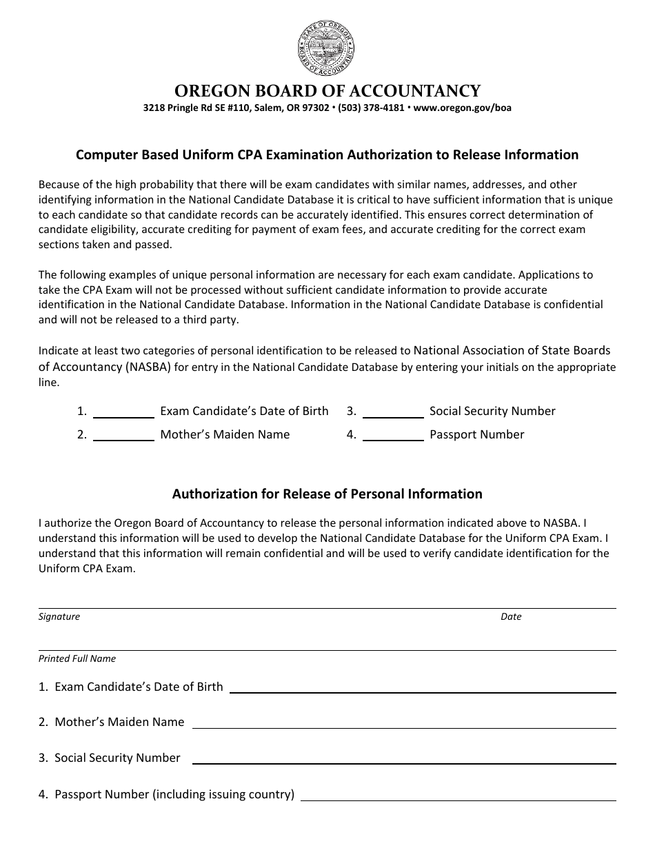 Computer Based Uniform CPA Examination Authorization to Release Information - Oregon, Page 1