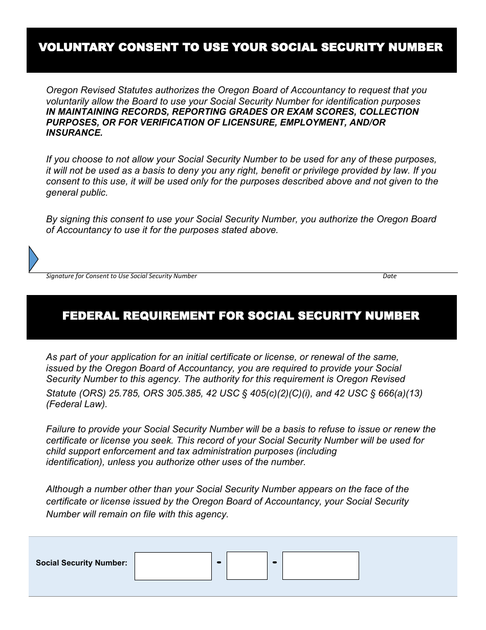 Voluntary Consent to Use Your Social Security Number - Oregon, Page 1