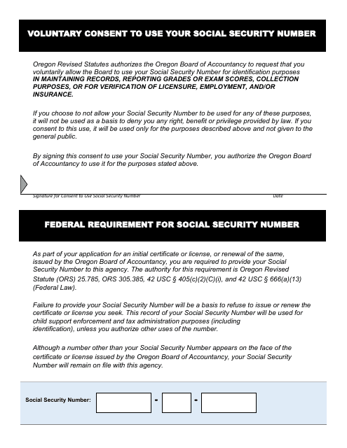 Voluntary Consent to Use Your Social Security Number - Oregon Download Pdf