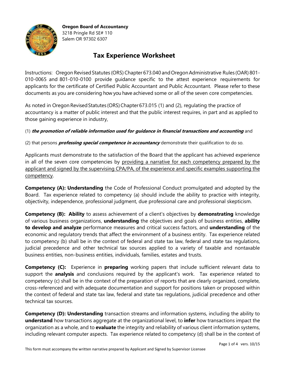 Tax Experience Worksheet - Oregon, Page 1