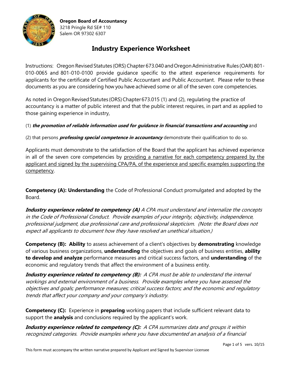 Industry Experience Worksheet - Oregon, Page 1
