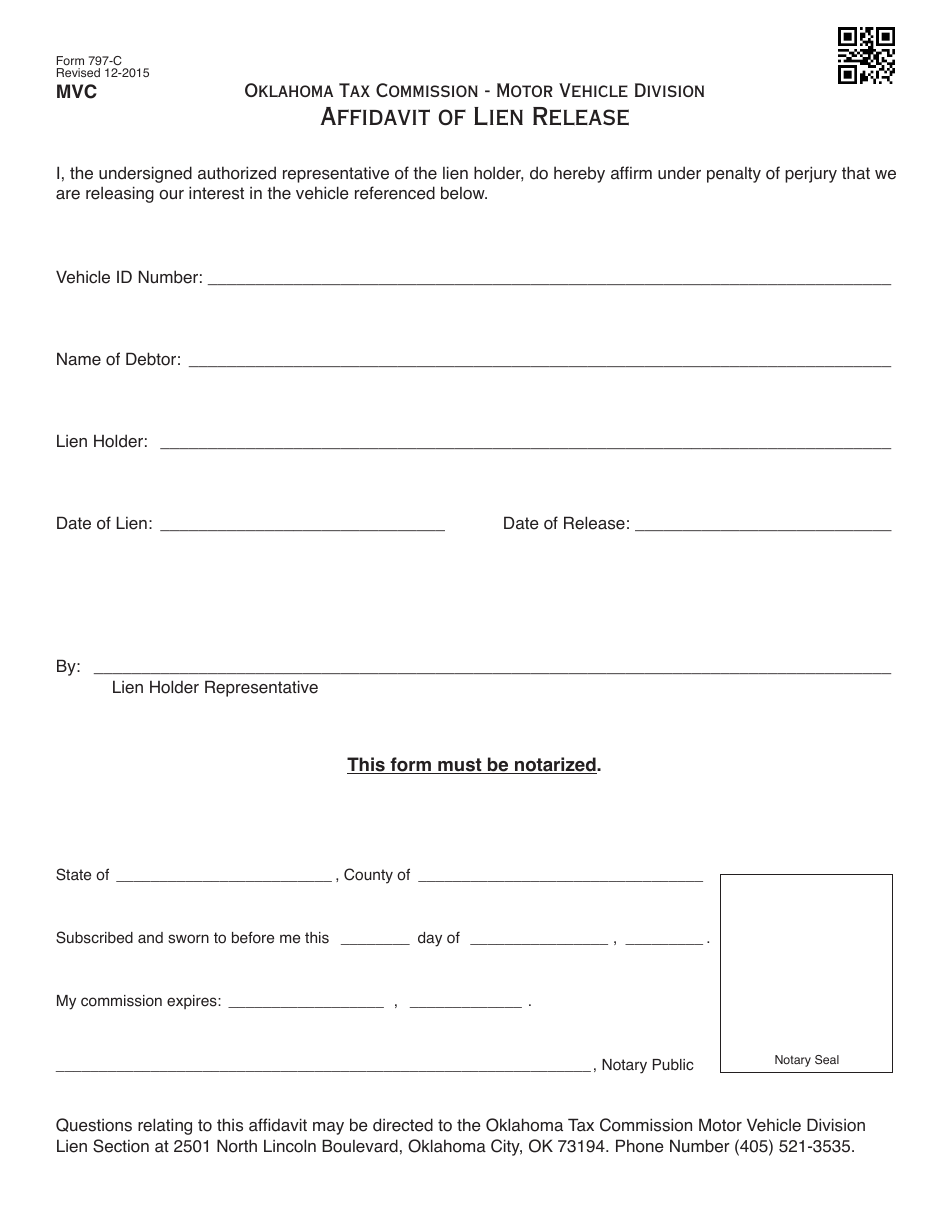 OTC Form 797-C Affidavit of Lien Release - Oklahoma, Page 1
