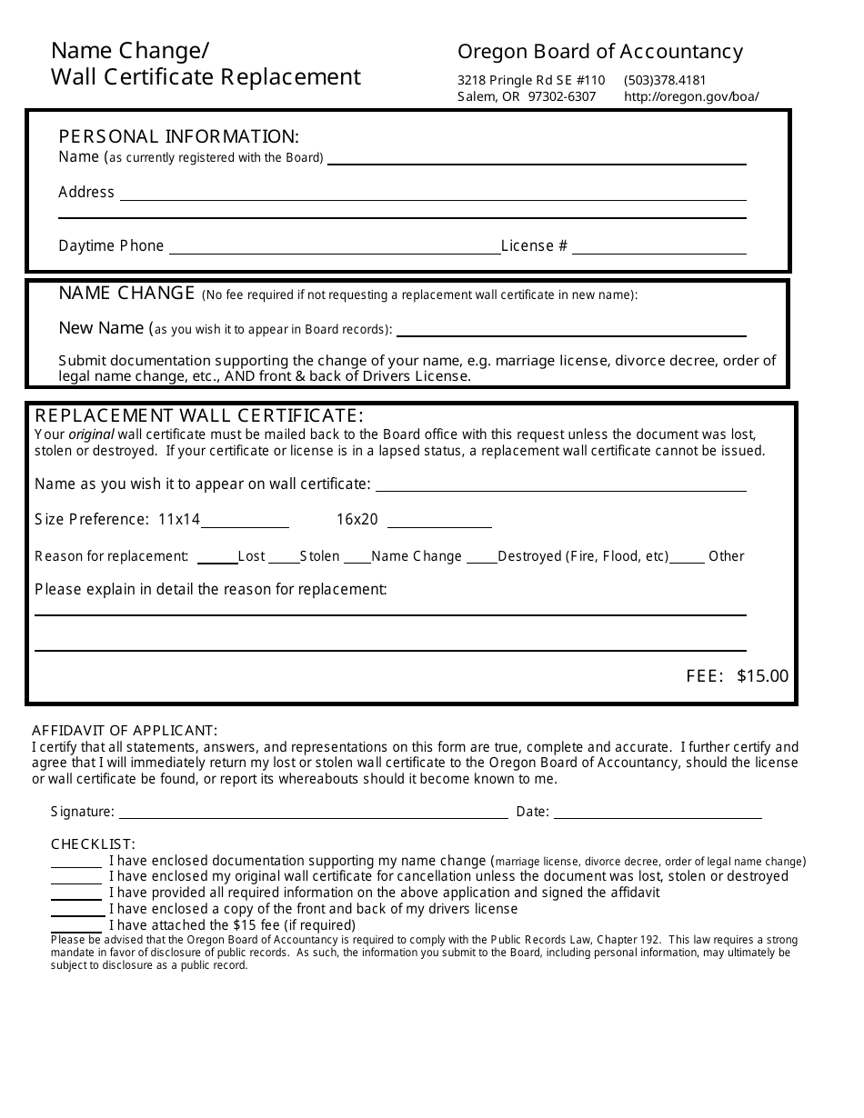 Name Change / Wall Certificate Replacement - Oregon, Page 1
