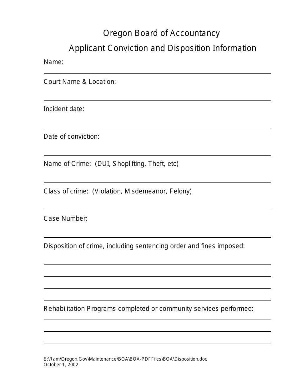 Applicant Conviction and Disposition Information - Oregon, Page 1