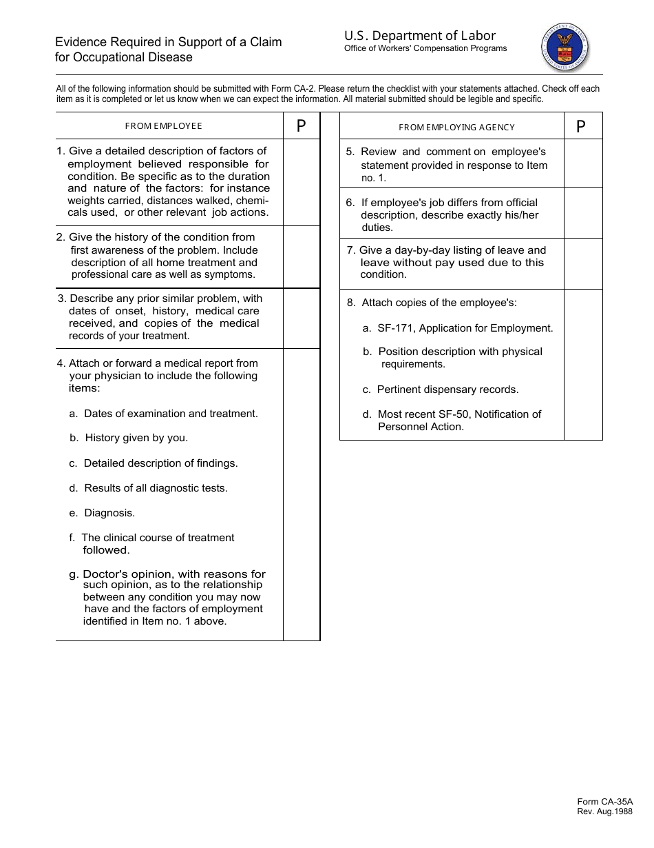 Form CA-35A Evidence Required in Support of a Claim for Occupational Disease, Page 1