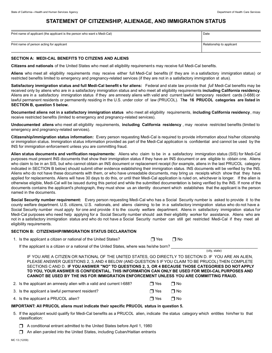 Form MC13 Statement of Citizenship, Alienage, and Immigration Status - California, Page 1