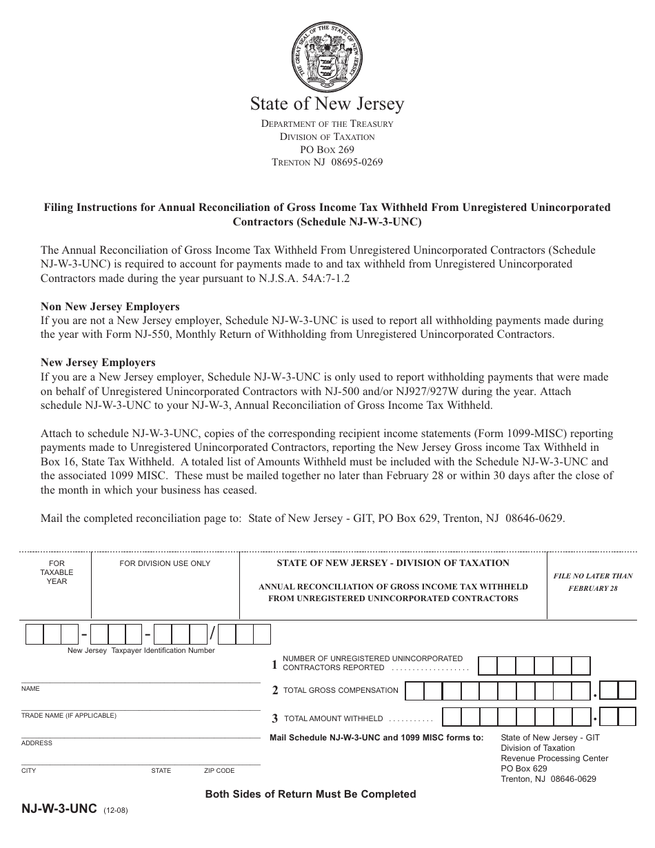 Form NJ-W-3-UNC Annual Reconciliation of Gross Income Tax Withheld From Unregistered Unincorporated Contractors - New Jersey, Page 1