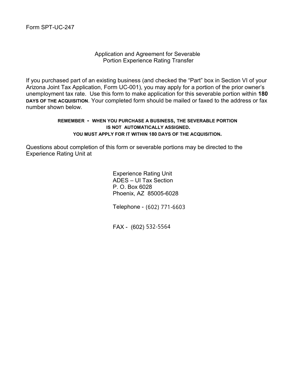Form UC-247 Application and Agreement for Severable Portion Experience Rating Transfer - Arizona, Page 1