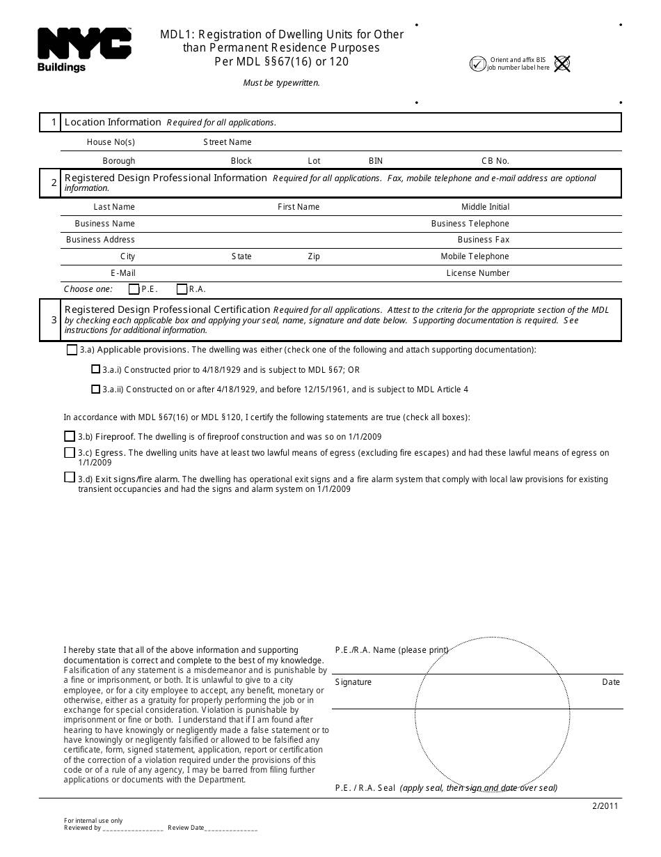 Form MDL1 Registration of Dwelling Units for Other Than Permanent Residence Purposes - New York City, Page 1