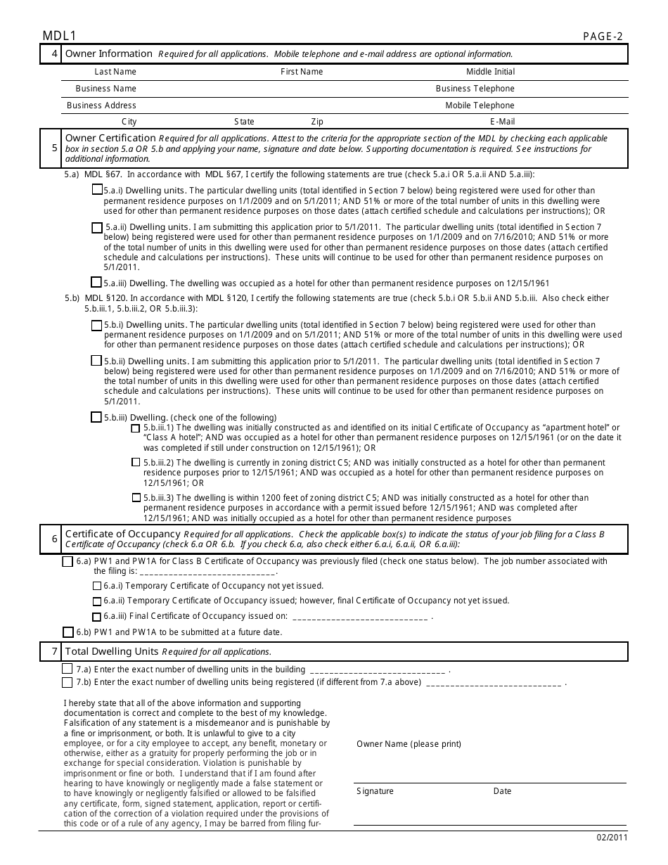 Form MDL1 Registration of Dwelling Units for Other Than Permanent Residence Purposes - New York City, Page 2