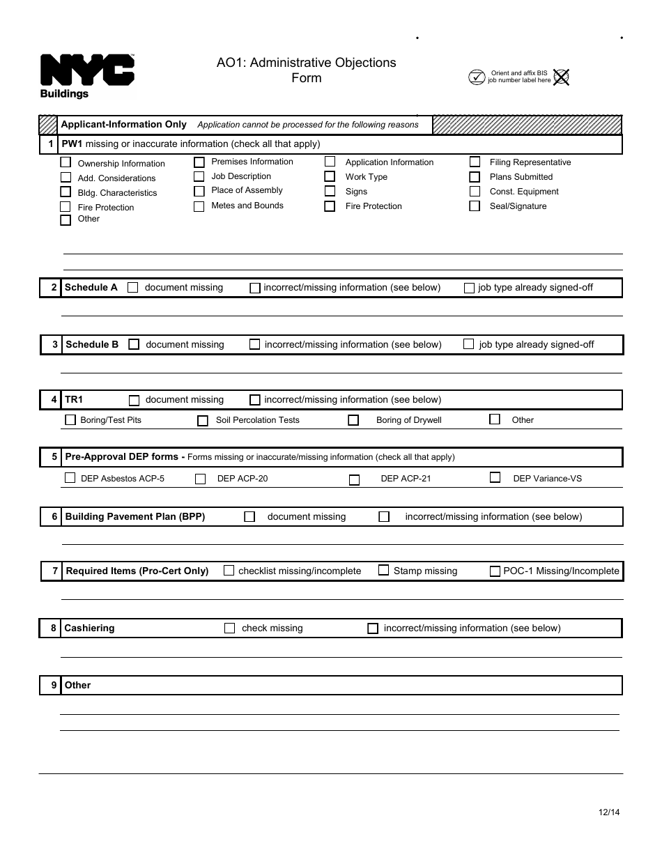 Form AO1 Administrative Objections Form - New York City, Page 1