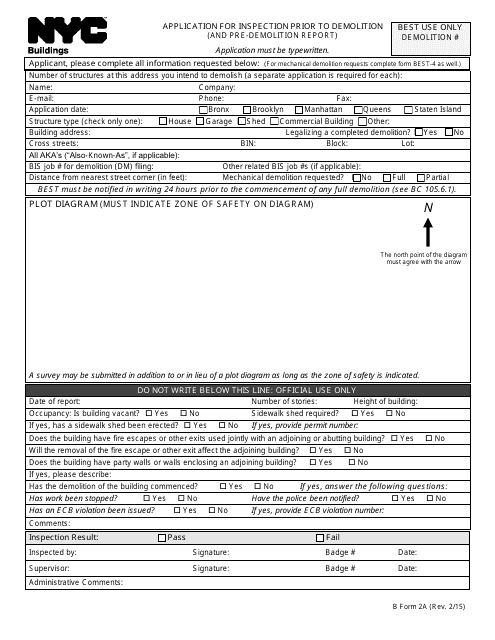 Form 2A Application for Inspection Prior to Demolition (And Pre-demolition Report) - New York City