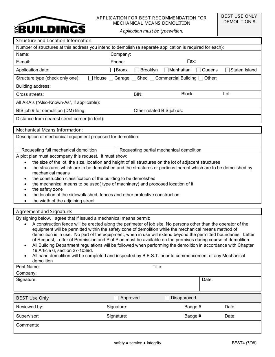 Form BEST4 Application for Best Recommendation for Mechanical Means Demolition - New York City, Page 1
