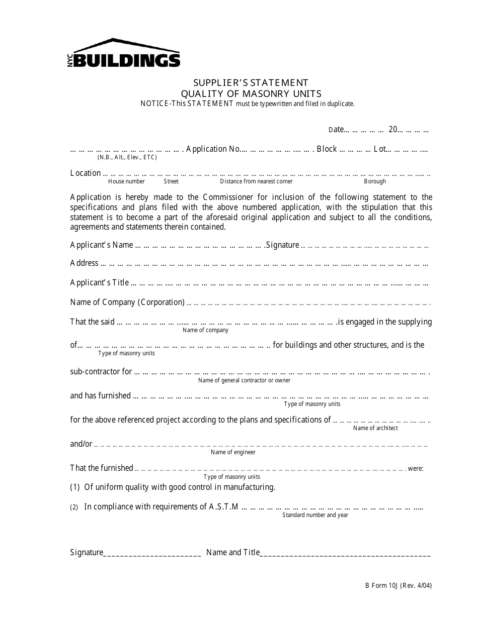 Form 10J Suppliers Statement Quality of Masonry Units - New York City, Page 1