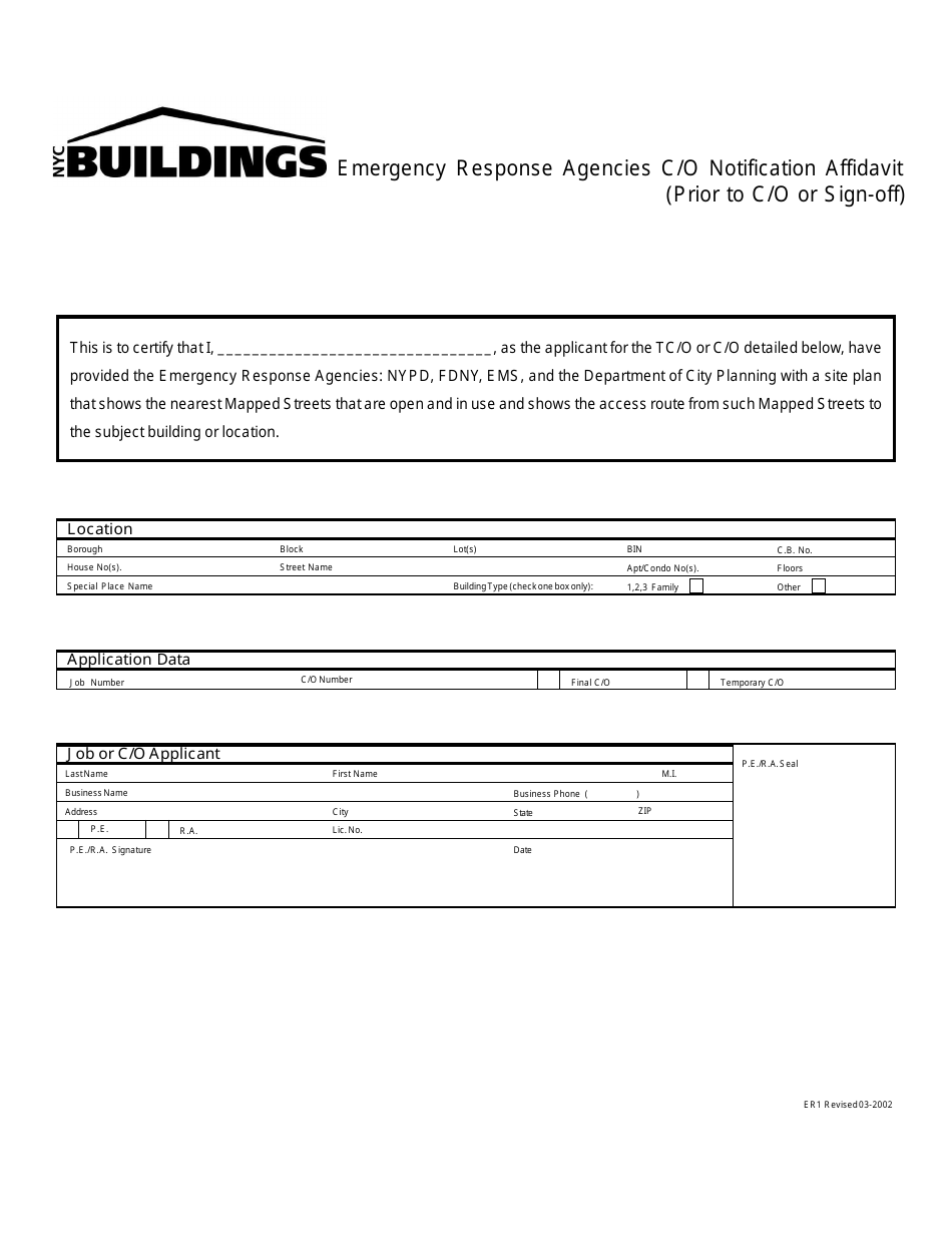 Form ER1 Emergency Response Agencies C / O Notification Affidavit (Prior to C / O or Sign-Off) - New York City, Page 1