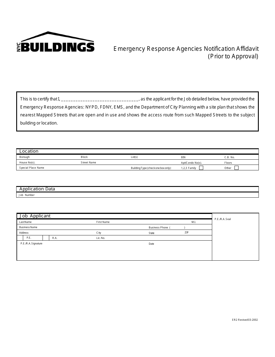 Form ER2 Emergency Response Agencies Notification Affidavit (Prior to Approval) - New York City, Page 1