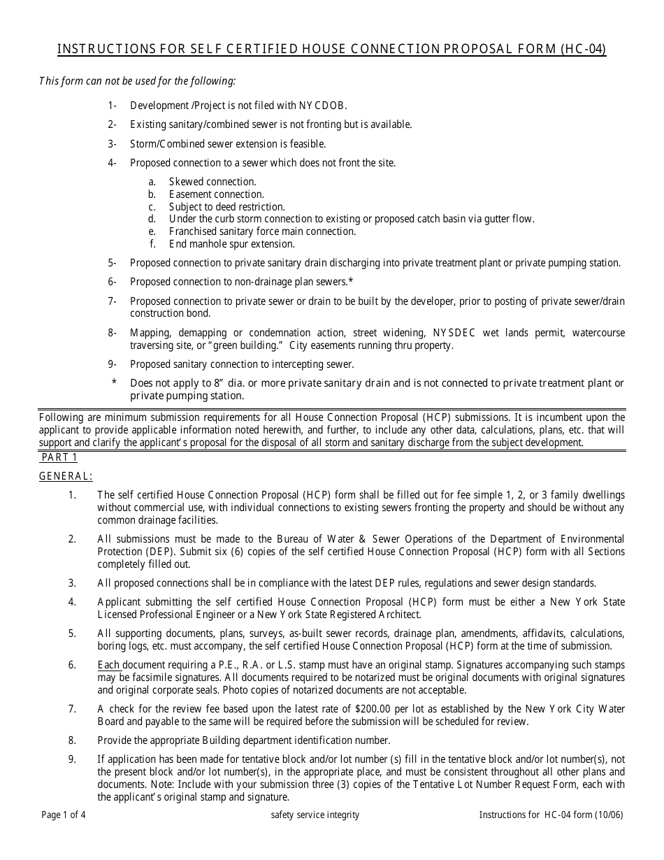 Instructions for Form HC-04 Self Certified House Connection Proposal Form - New York City, Page 1