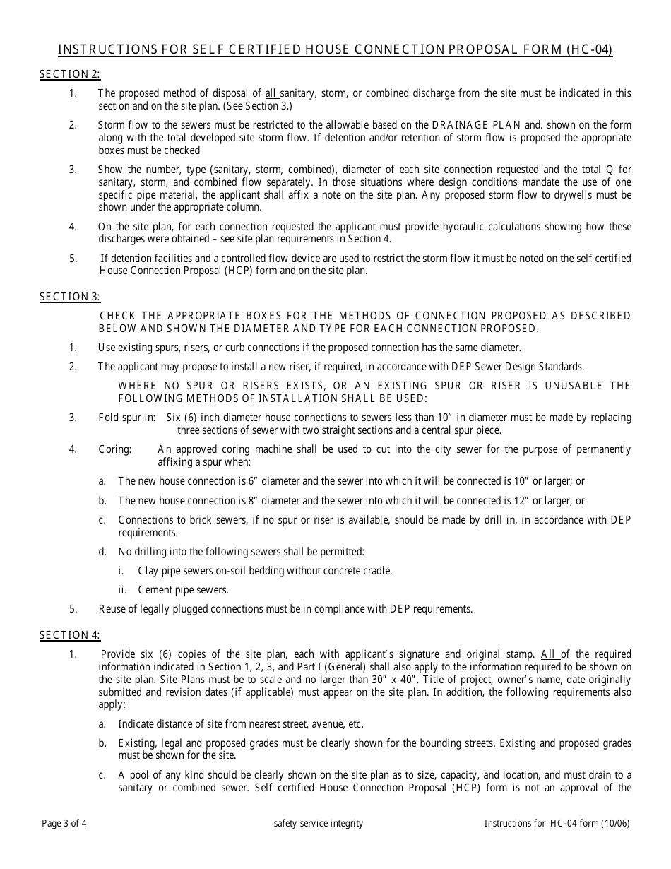 Instructions for Form HC-04 Self Certified House Connection Proposal Form - New York City, Page 3