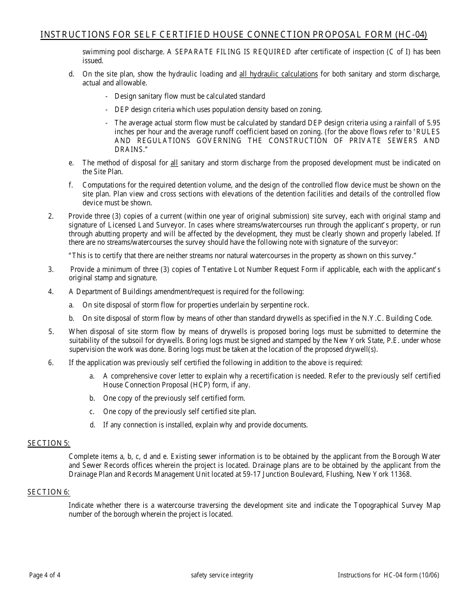 Instructions for Form HC-04 Self Certified House Connection Proposal Form - New York City, Page 4