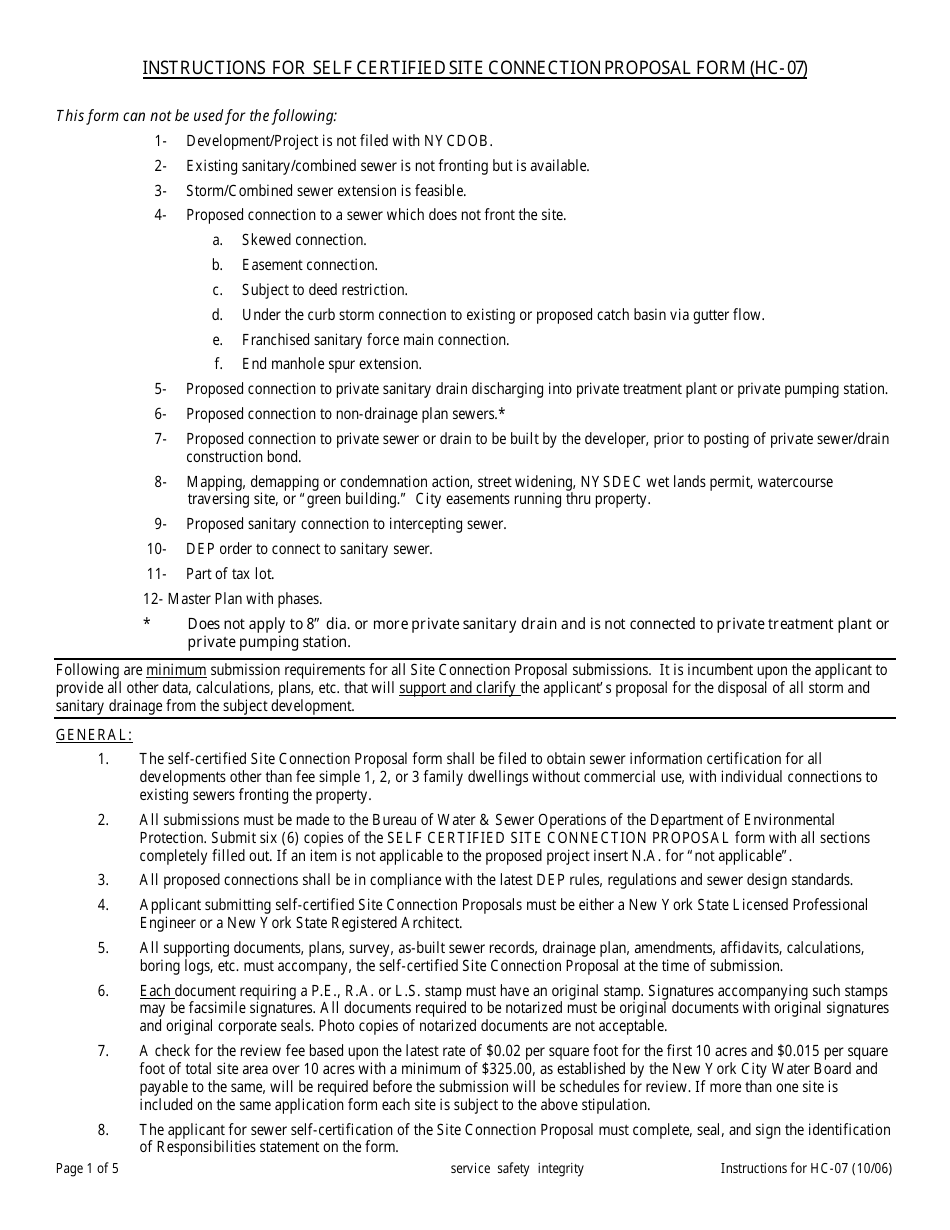 Instructions for Form HC-07 Self Certified Site Connection Proposal Form - New York City, Page 1