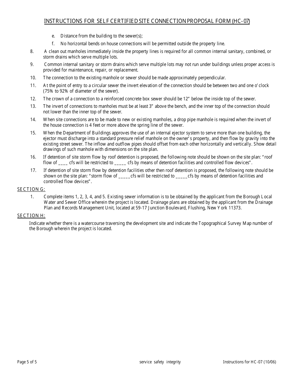 Instructions for Form HC-07 Self Certified Site Connection Proposal Form - New York City, Page 5