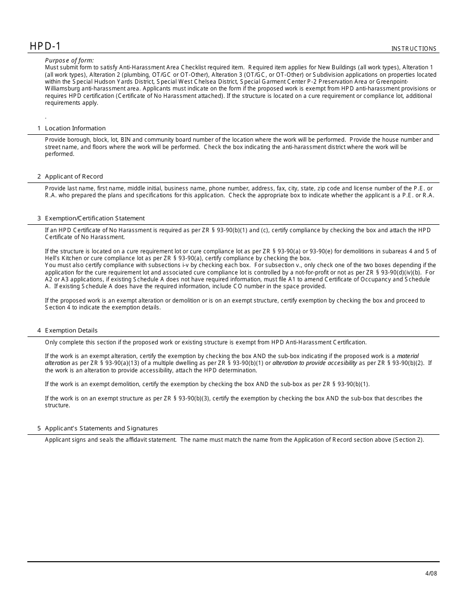Instructions for Form HPD1 Anti-harassment Area Checklist - New York City, Page 1