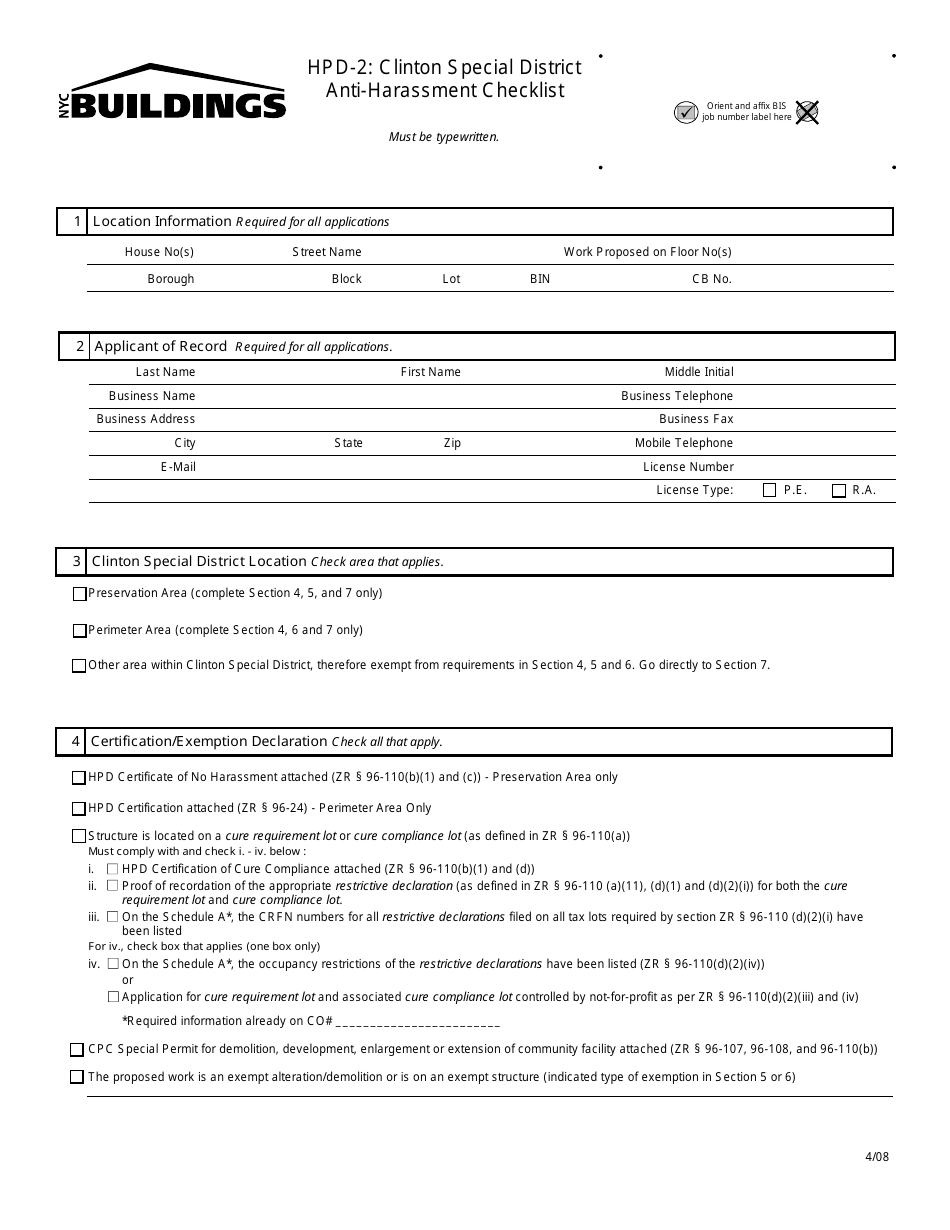 Form HPD-2 Clinton Special District Anti-harassment Checklist - New York City, Page 1