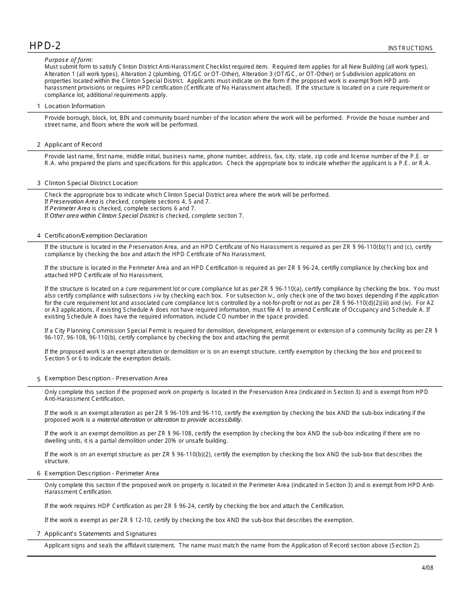 Instructions for Form HPD-2 Clinton Special District Anti-harassment Checklist - New York City, Page 1