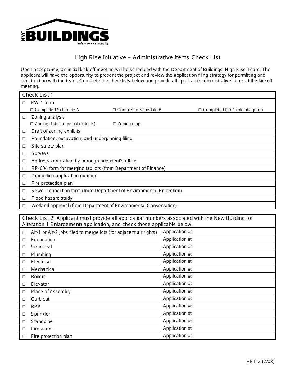 Form HRT-2 High Rise Initiative - Administrative Items Check List - New York City, Page 1