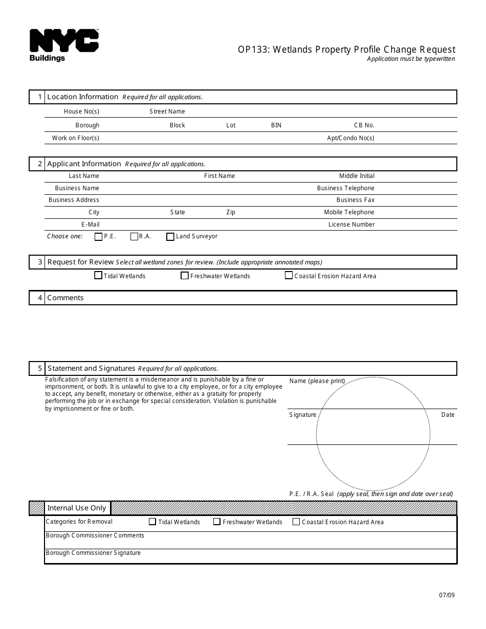 Form OP133 Wetlands Property Profile Change Request - New York City, Page 1