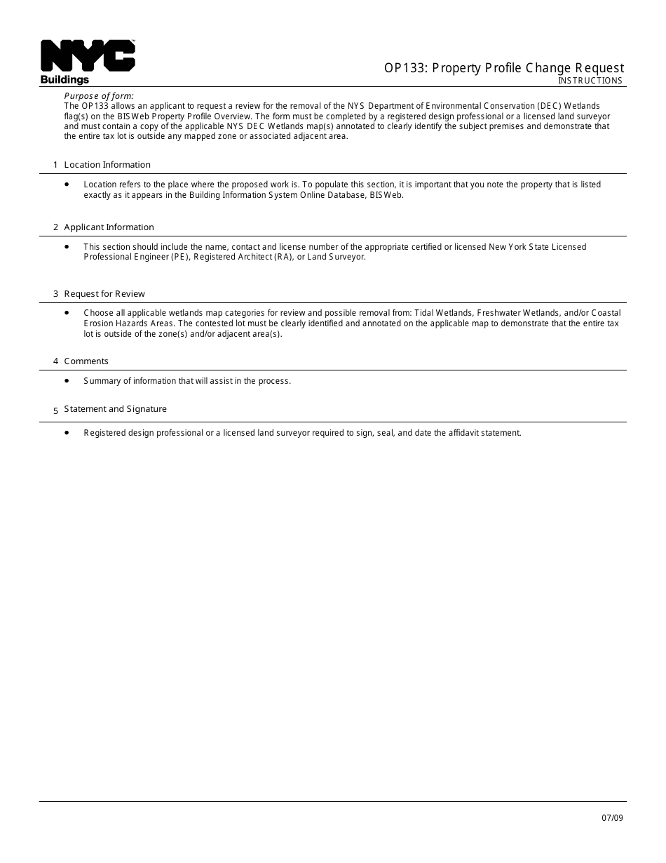 Instructions for Form OP133 Property Profile Change Request - New York City, Page 1