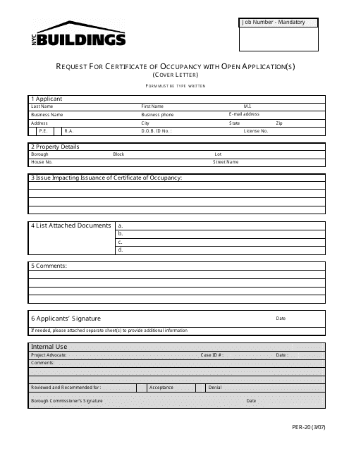 Form PER-20 Request for Certificate of Occupancy With Open Application(S) (Cover Letter) - New York City