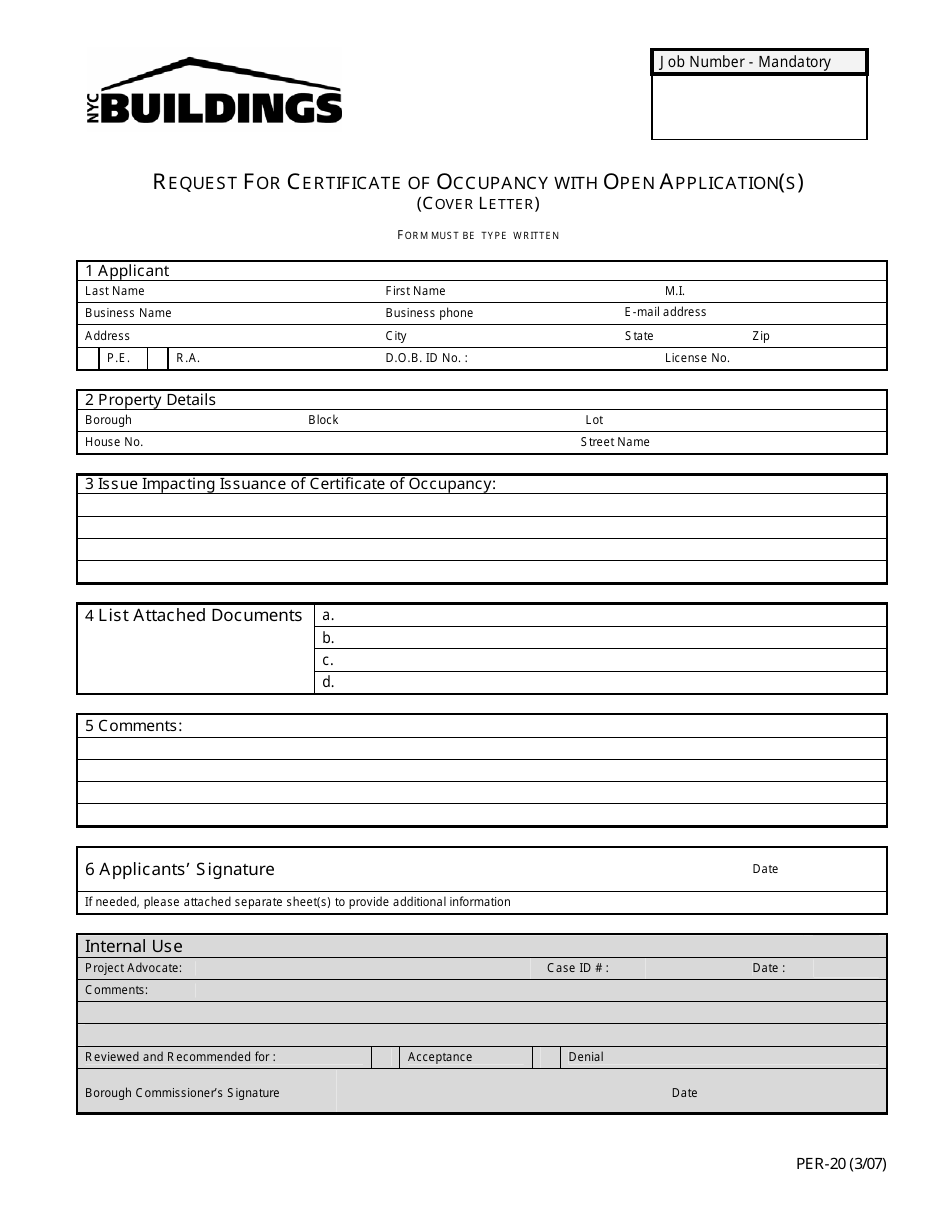 Form PER-20 Request for Certificate of Occupancy With Open Application(S) (Cover Letter) - New York City, Page 1