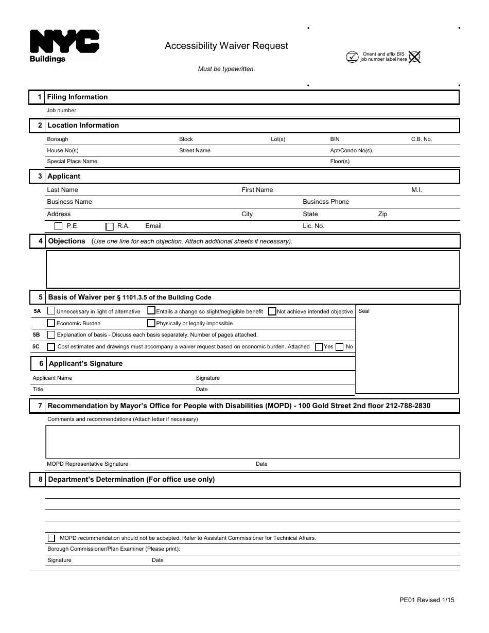 Form PEO1 Local Law 58 of 1987 Accessibility Waiver Request - New York City, Page 1