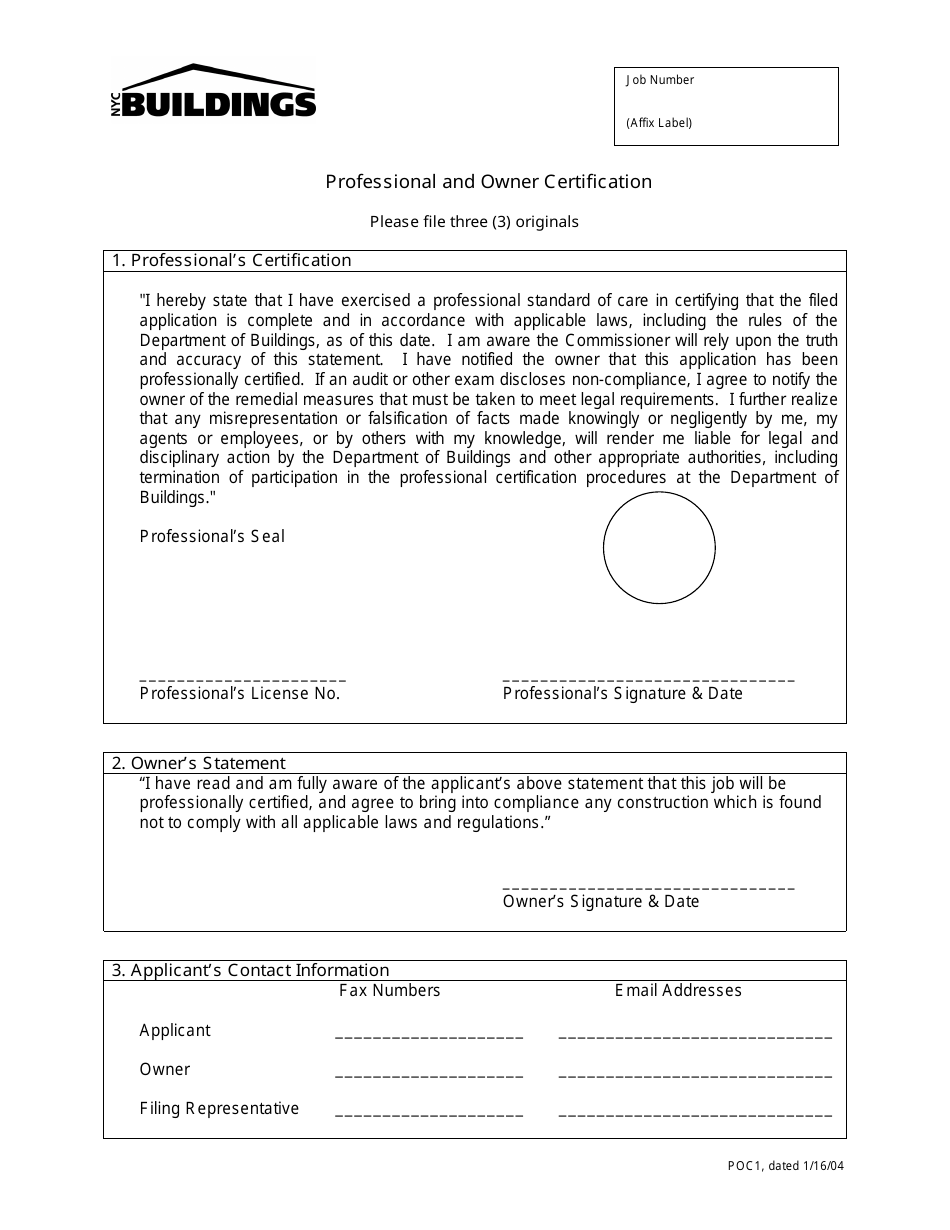 Form POC1 Professional and Owner Certification - New York City, Page 1