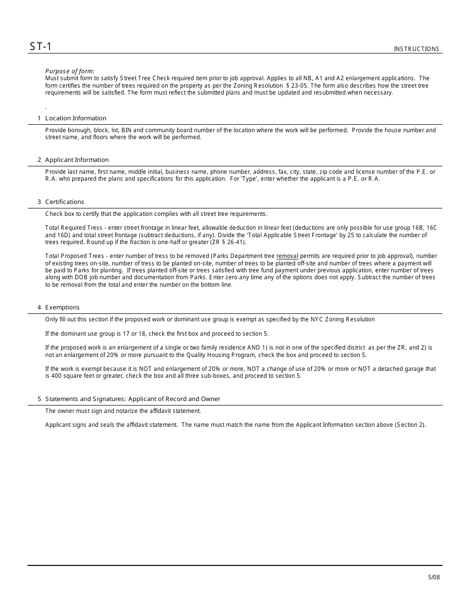 Instructions for Form ST-1 Street Tree Checklist - New York City, Page 1