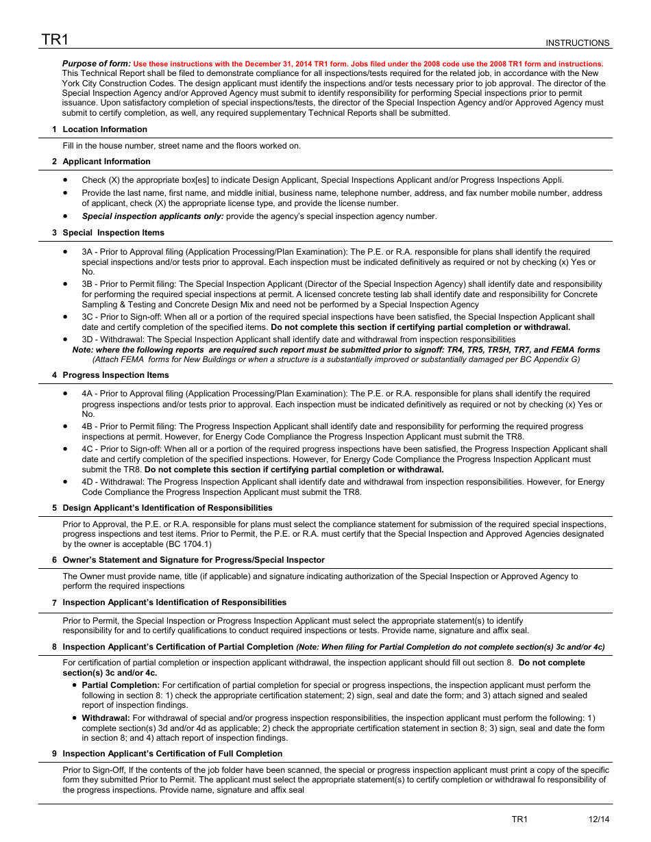 Instructions for Form TR1 Technical Report: Statement of Responsibility - New York City, Page 1