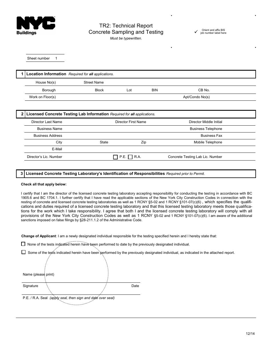 Form TR2 Technical Report - Concrete Sampling and Testing - New York City, Page 1