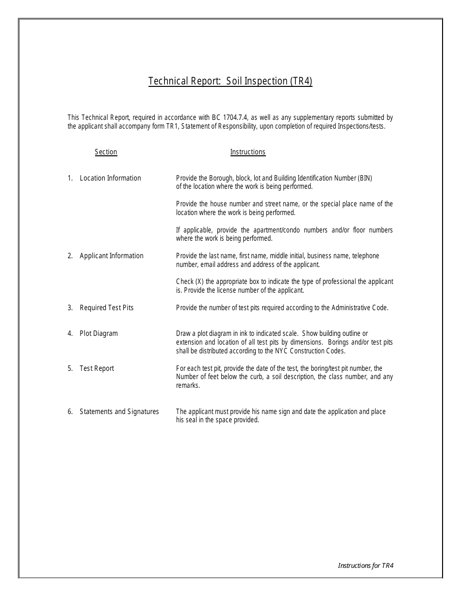 Instructions for Form TR4 Technical Report: Soil Inspection - New York City, Page 1