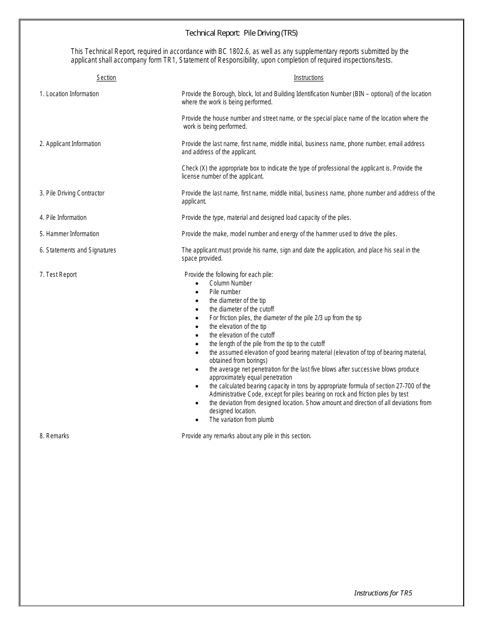 Instructions for Form TR5 Technical Report: Pile Driving - New York City, Page 1
