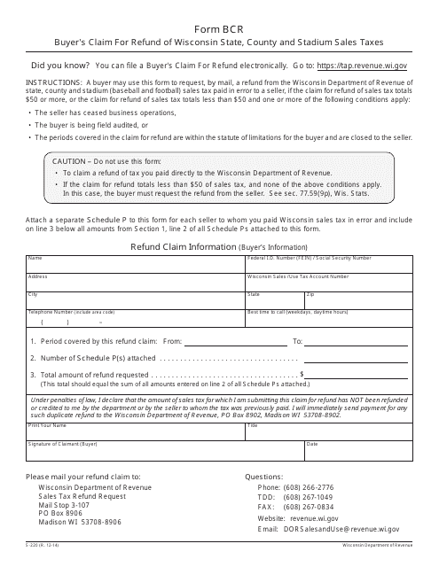 Form S-220 (BCR) Buyer's Claim for Refund of Wisconsin State, County and Stadium Sales Taxes - Wisconsin