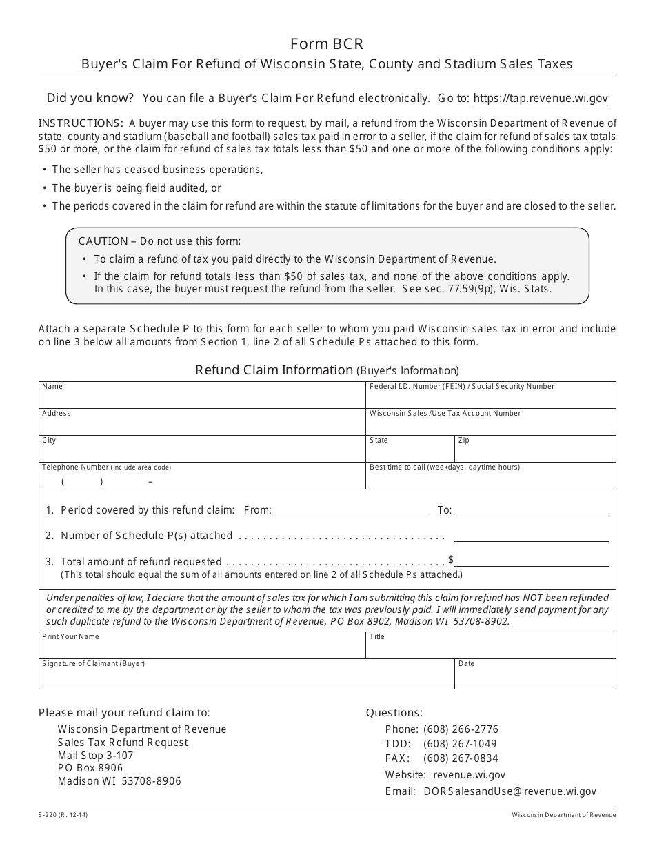 Form S-220 (BCR) Buyers Claim for Refund of Wisconsin State, County and Stadium Sales Taxes - Wisconsin, Page 1