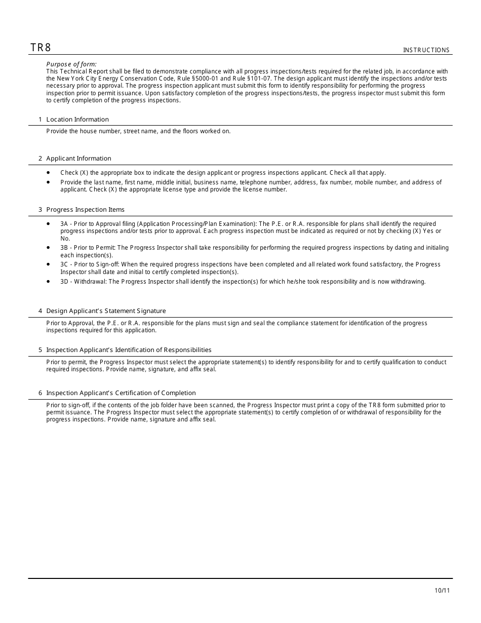 Instructions for Form TR8 Technical Report Statement of Responsibility for Energy Code Progress Inspections - New York City, Page 1