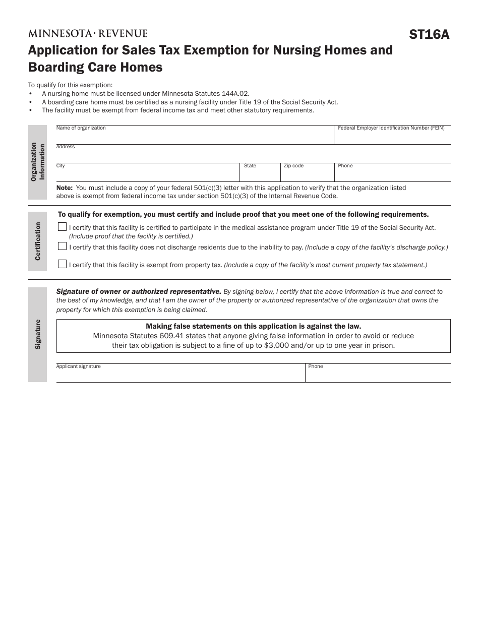 Form ST16A Application for Nonprofit Exempt Status-Sales Tax - Minnesota, Page 1