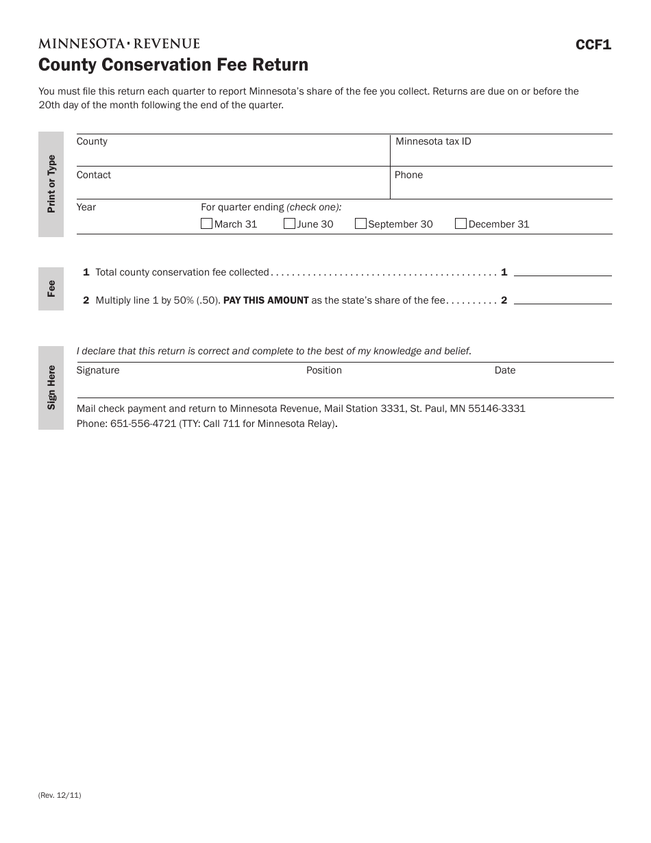 Form CCF1 County Conservation Fee Return - Minnesota, Page 1