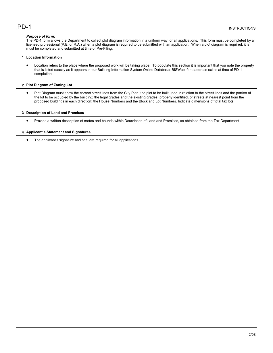 Instructions for Form PD-1 Plot Diagram - New York City, Page 1