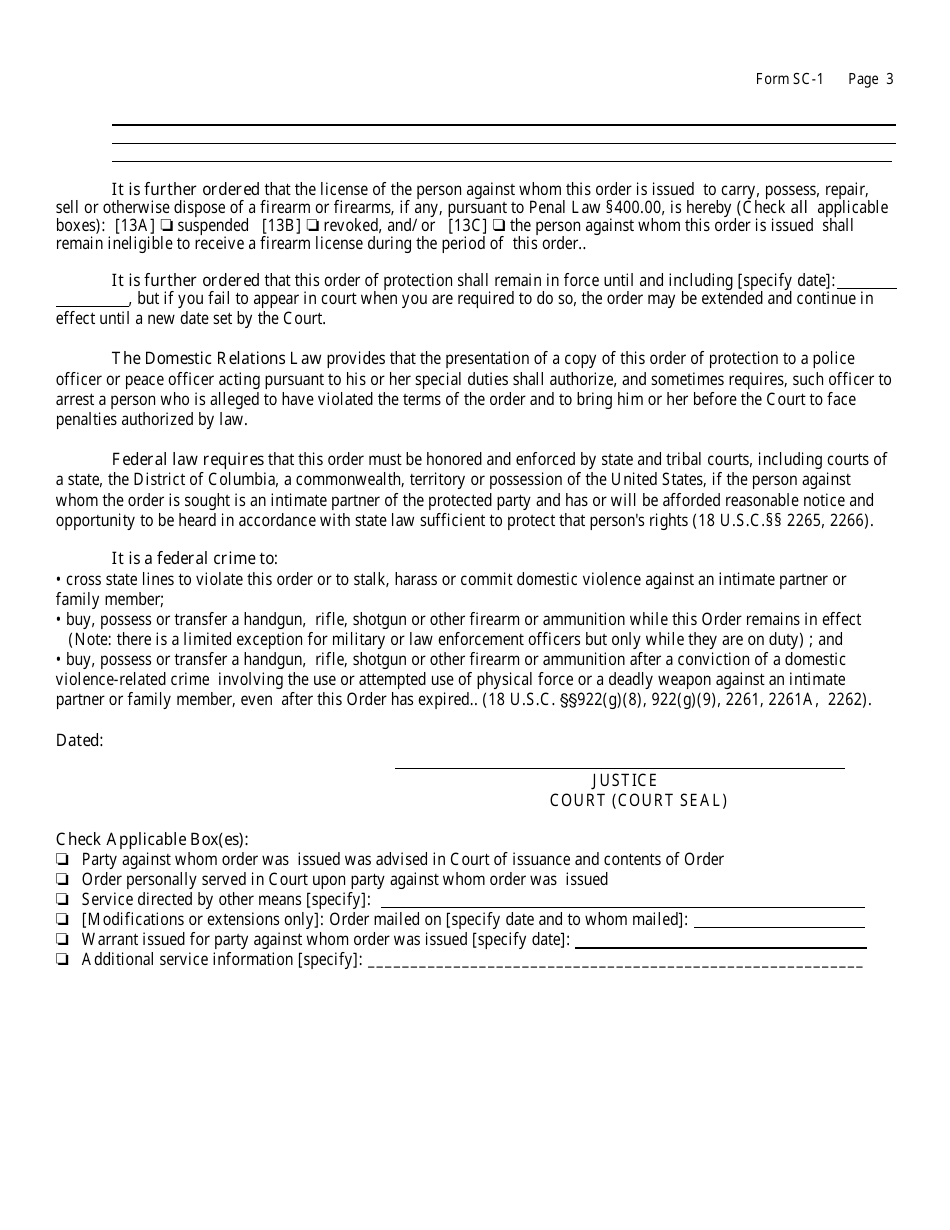 Form SC-1 Temporary Order of Protection - New York, Page 3