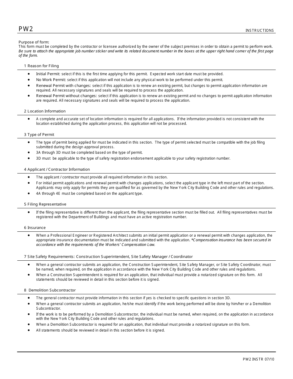 Instructions for Form PW2 Work Permit Application - New York City, Page 1